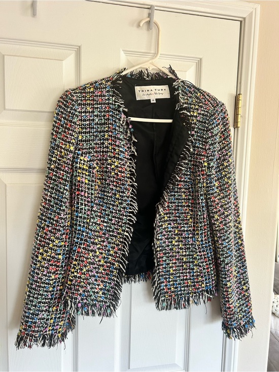 Trina Turk Jackets & Blazers - Trina Turk Confetti Tweed Open Fringed Blazer | Business Chic